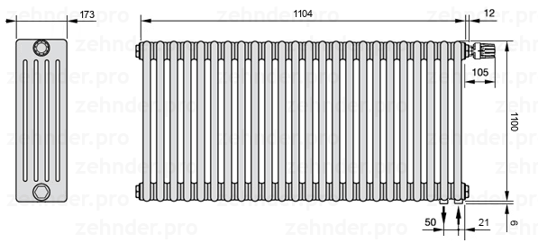 Схема (чертеж) Радиатор Zehnder Charleston 5110/24 №V002 Белый глянцевый RAL 9016